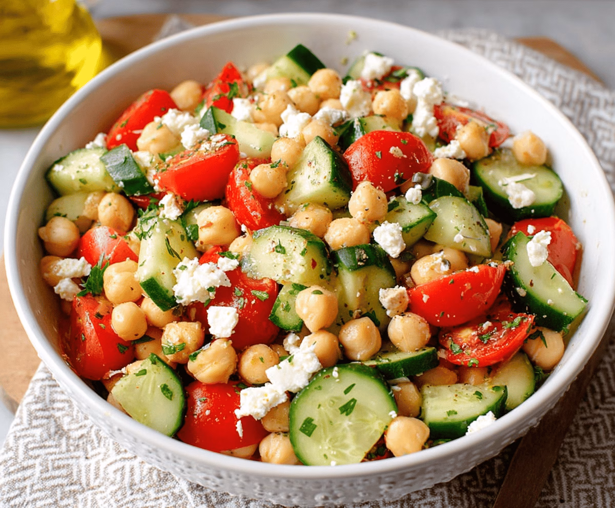 Fresh Chickpea Cucumber Salad with Feta and Tomatoes