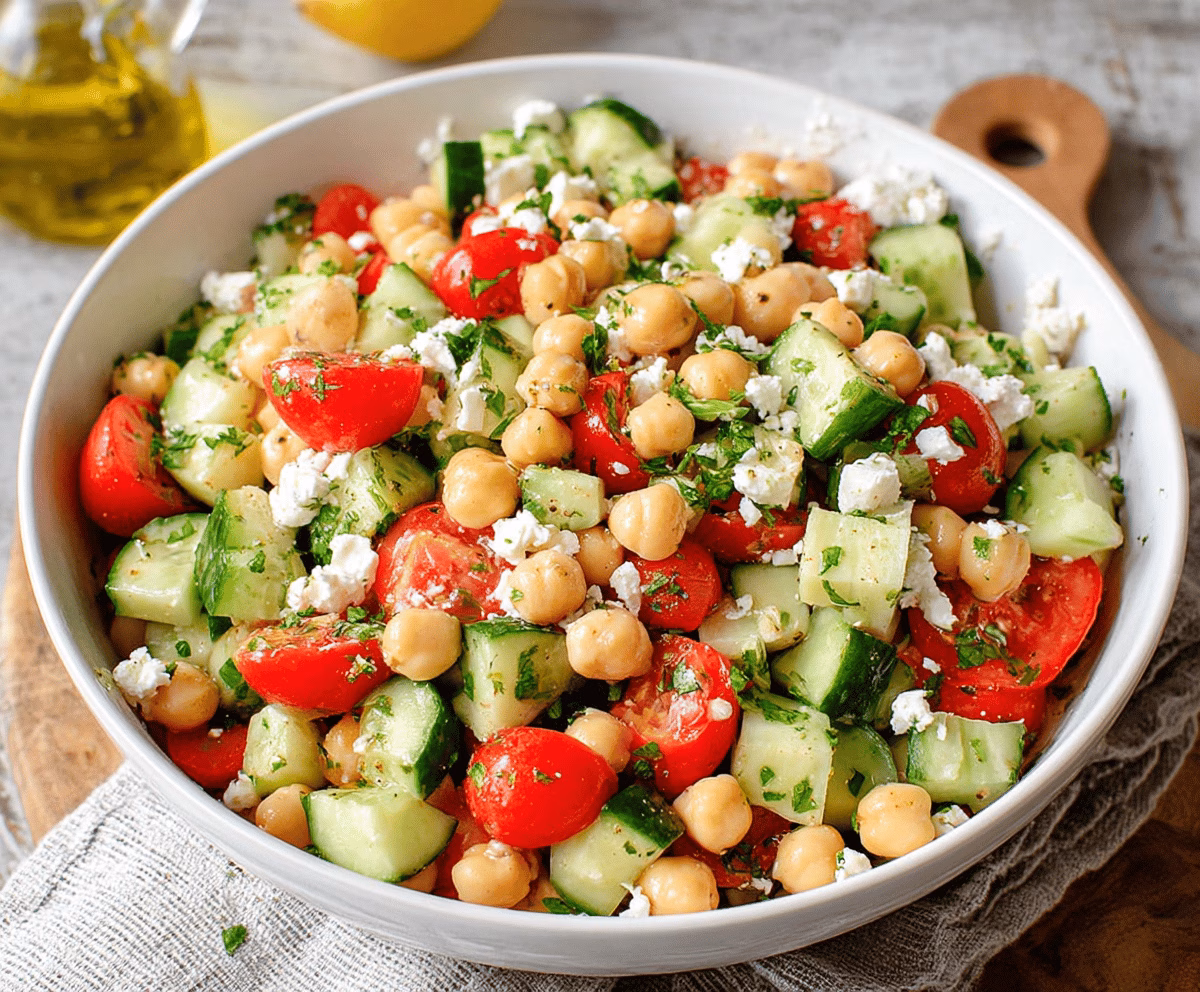 Fresh Chickpea Cucumber Salad with Feta and Tomatoes
