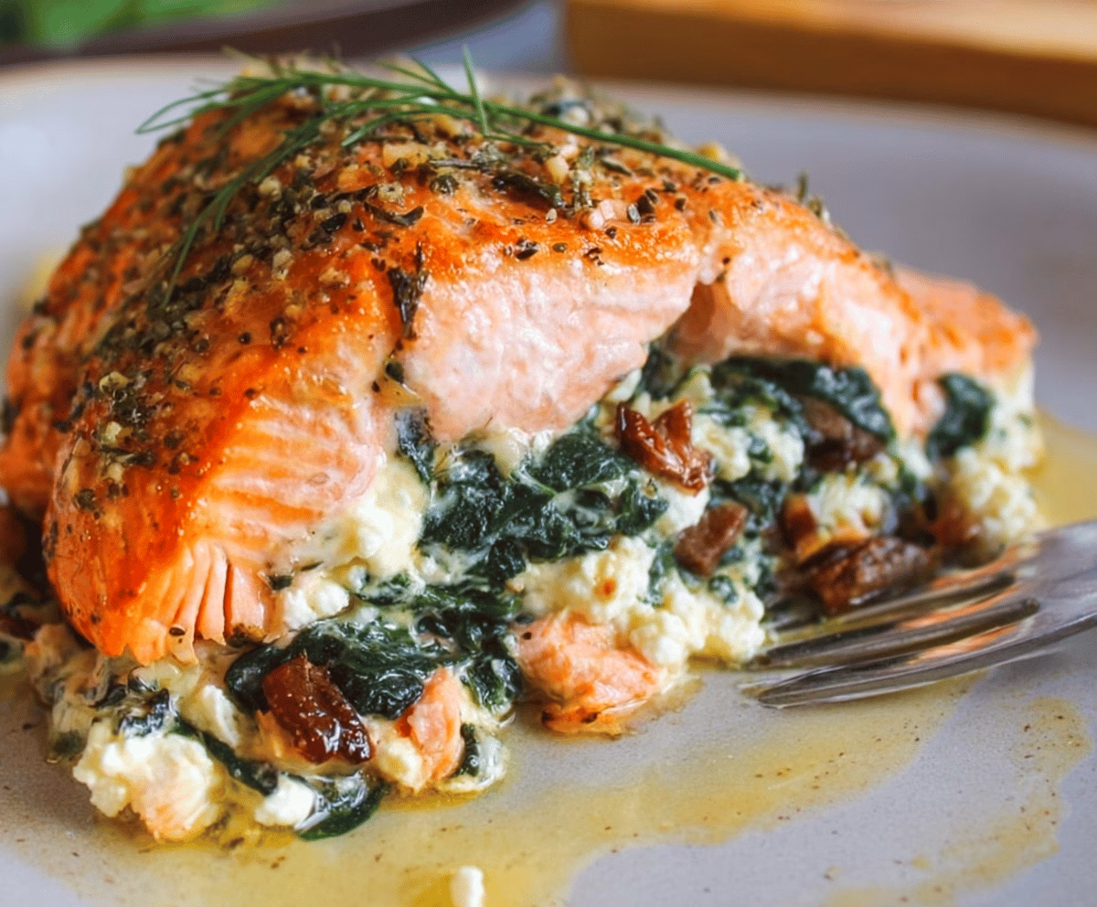 Easy Baked Salmon Stuffed With Spinach and Feta