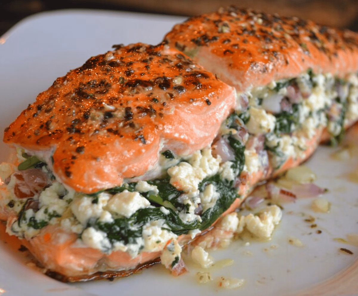 Easy Baked Salmon Stuffed With Spinach and Feta